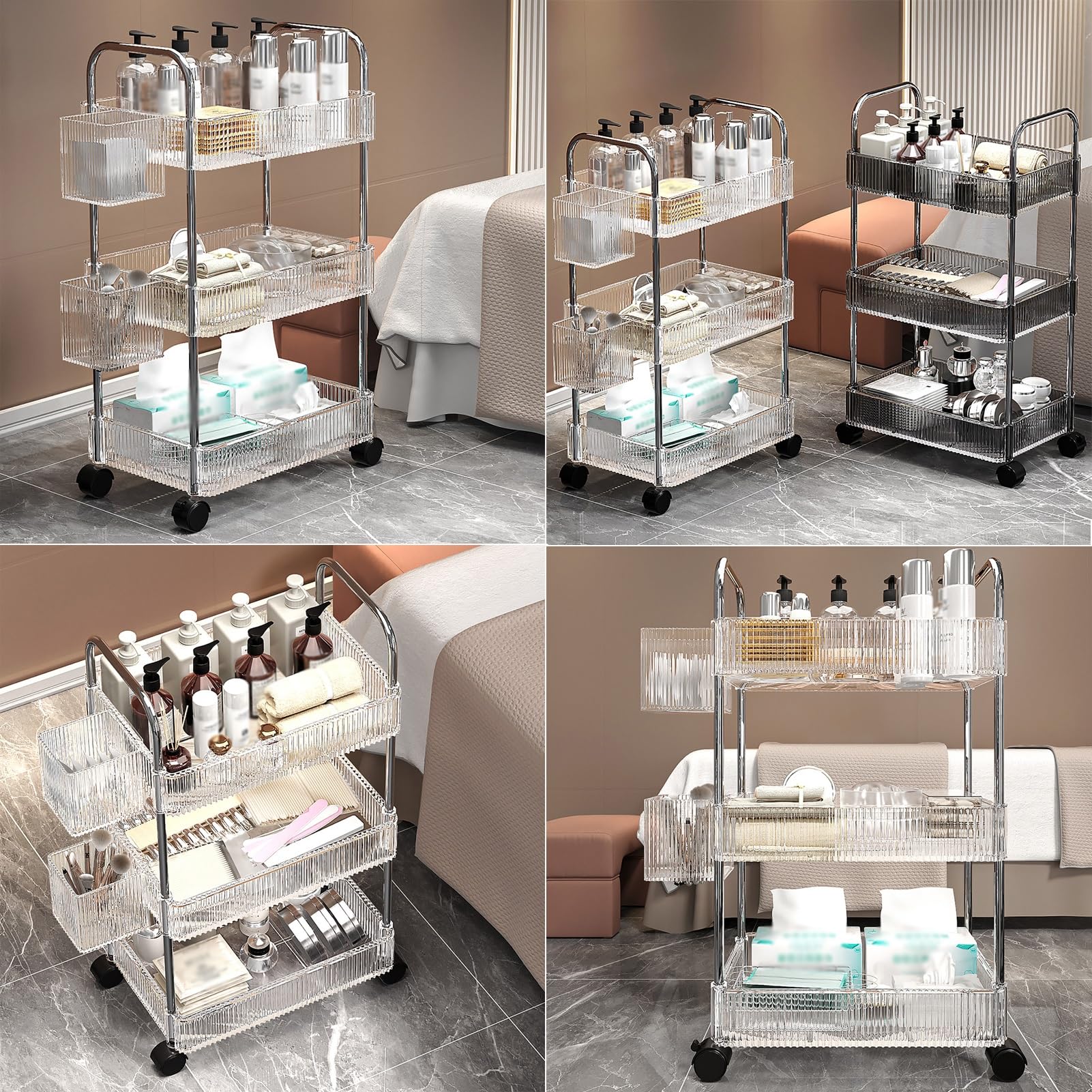 Carrito de Esteticista Carrito Peluqueria Carrito Auxiliar con Ruedas Carrito de Maquillaje Carrito de Belleza Carrito Organizador Carro Almacenaje(Clear)