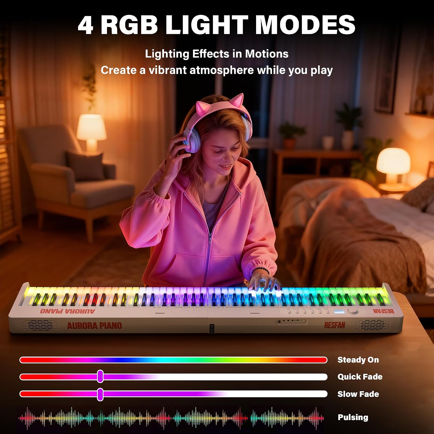 Foldable 88-Key Piano Keyboard with Colorful Lighted Keys, Semi-Weighted Full Size Keys, Portable Digital Piano with USB-MIDI, Built-in Speakers, Sustain Pedal, Battery for Beginners & Adults