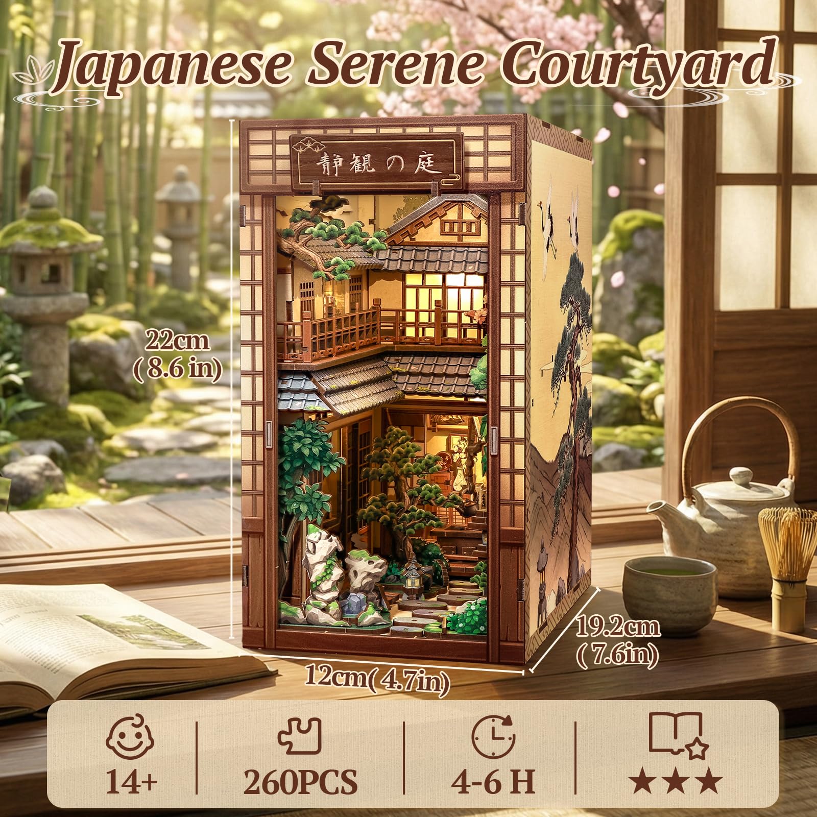 CUTEBEE Book Nook Kit - Puppenhaus Bausatz für Erwachsene, Japanisches Miniaturhaus mit LED Beleuchtung, Regal Dekoration, Einzigartiges Geschenk (Serene Courtyard)