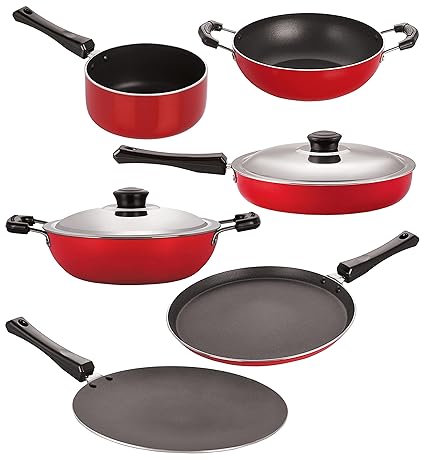 Nirlon Non-Stick Aluminium Cookware Set, 6-Pieces, Red & Black