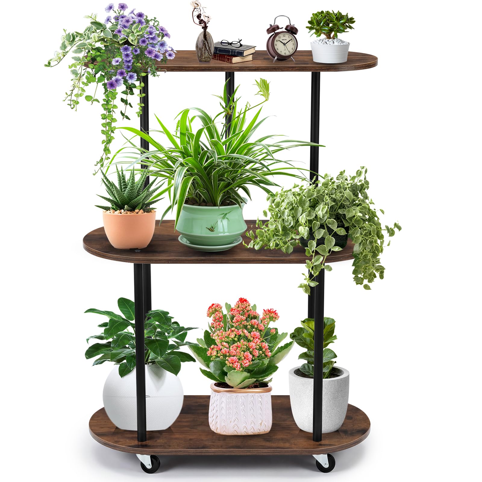Vyranut 3-Tier Rolling Plant Stand, 90cm Metal Frame Shelf with Wheels – Mocha Brown Wood Display Rack for Indoor Plants, Kitchen, or Living Room, Space-Saving Mobile Storage Organizer