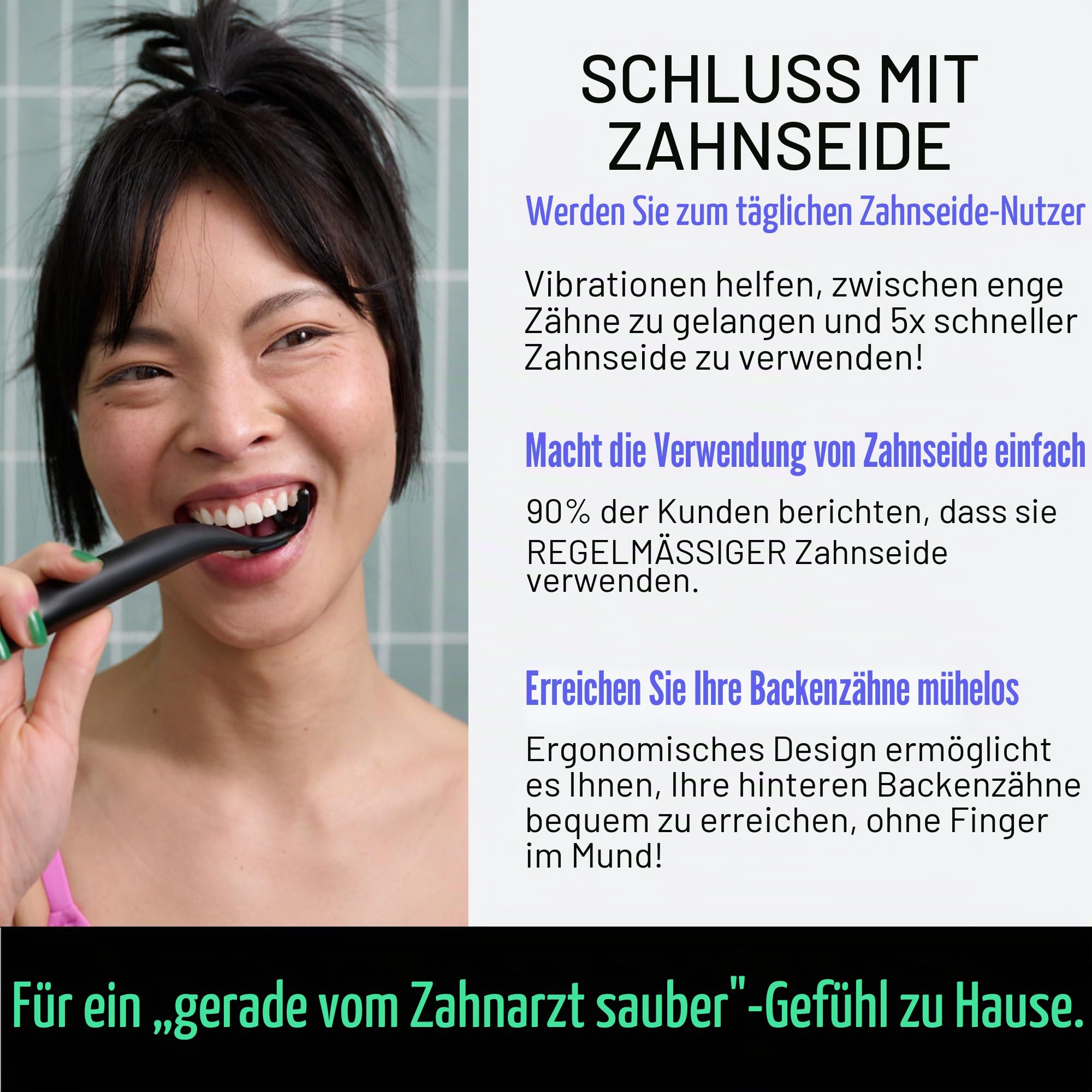 FLAUS Elektrische Zahnseide (sanftes Gleiten) – Hai-Tank + Oprah's Liste – Alternative zu Wasserseide – Zahnbelagentferner für Erwachsene – einfache Vibrationskraft Zahnseide – sicheres tragbares