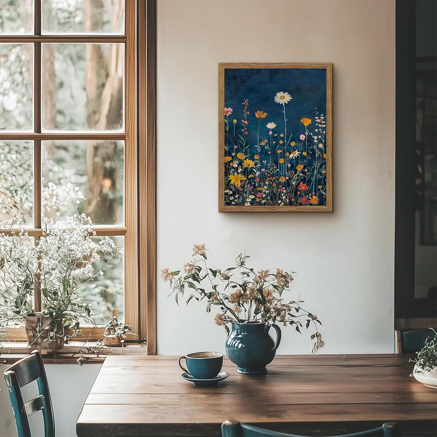 Vintage Spring Wildflower Wall Art, Dark Blue Floral Pictures Wall Decor, Moody Botanical Prints, Cottagecore Colorful Flower Painting, Neutral Artwork for Gallery Living Room Framed 12x16 Inch