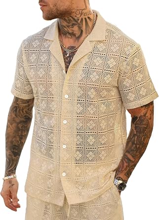 PLEPAN Mens Lace Shirt Floral Hollow Out See Through Casual Short Sleeve Button Down Hawaiian Vacation Shirts Summer Beach