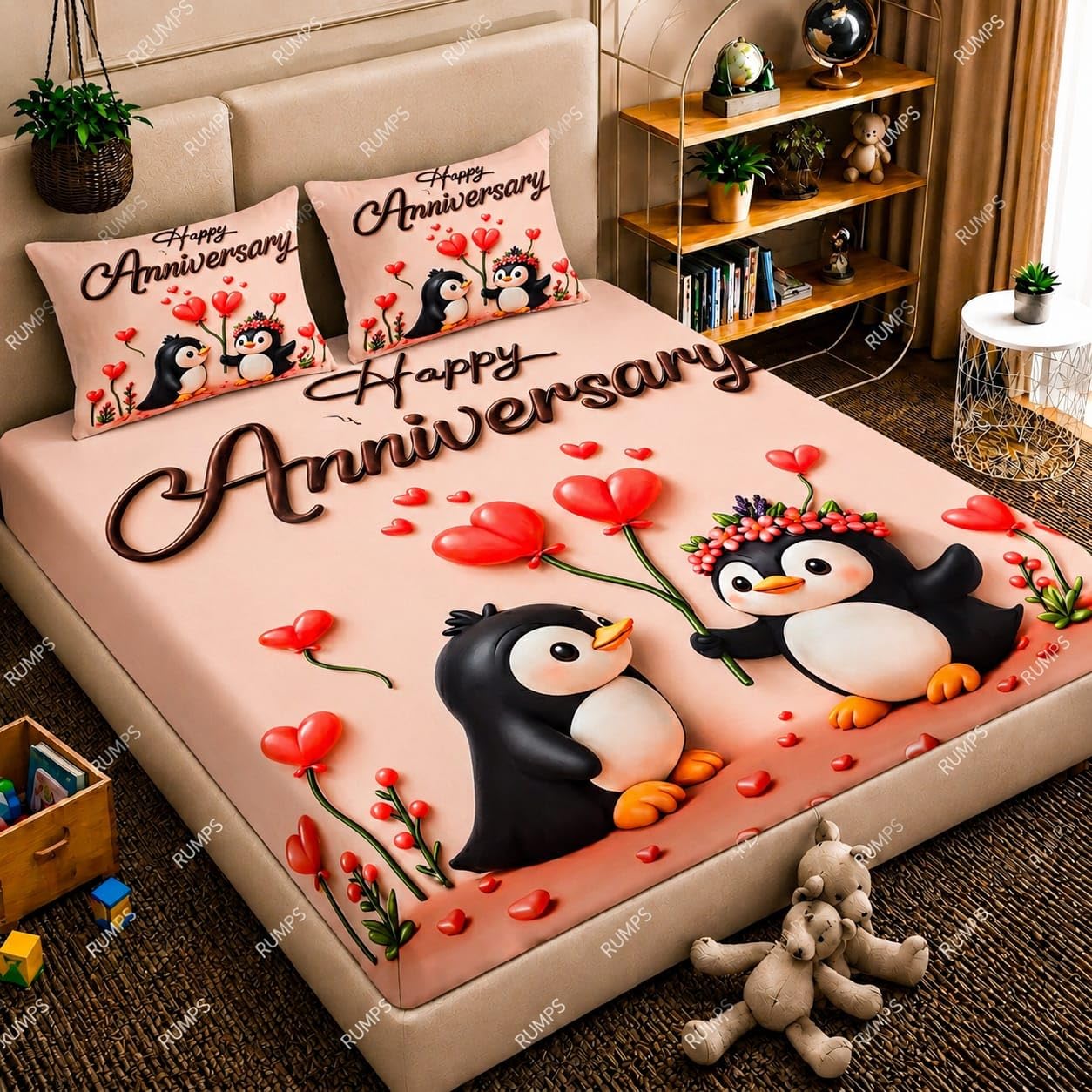 RUMPS 7D Happy Anniversary Penguin Printed Flat Bedsheet King Size 90x100 Inch with 2 Pillow Covers 16x26 Inch | Romantic Couple Bedsheet | Soft Microfiber Double Bedsheet