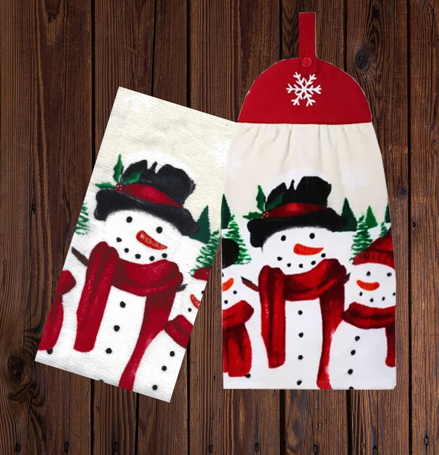 St. Nicholas Square Christmas Kitchen Print Towels, Set of 2, One Hanging Tie-Top with Button Loop Cotton Terry Towel Snowman Family for and Household Red, Black, Beige, Green, Orange 16 x 25 inches - Image 3