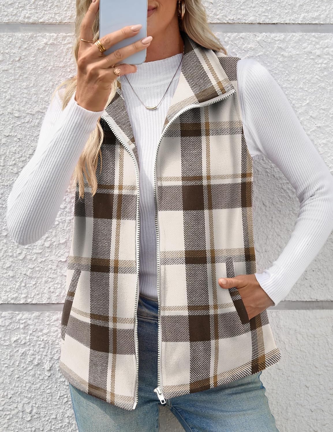 Rapbin Women's Plaid Outerwear Vests Tops Zip Up Collared Sleeveless Jacket with Pockects - Image 3