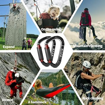 Auto Locking Rock Climbing Carabiner Clips, UIAA Certified Professional 25KN (5620 lbs) Heavy Duty Caribeaners for Rappelling Swing Rescue & Gym etc, Large D-Shaped Carabiners