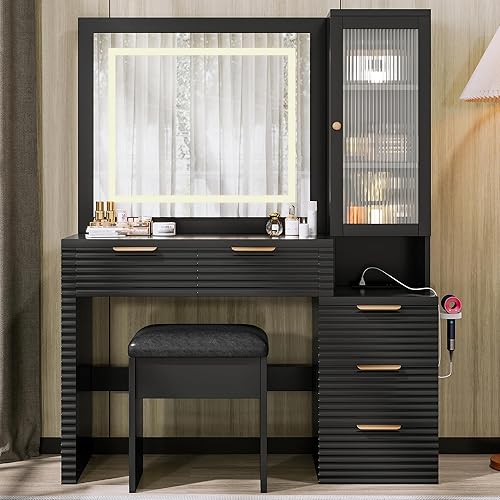 Merax Elegant Vanity Desk with Mirror and Lights, Fluted Makeup Vanity Table & Charging Station, Storage Drawers and Glass Door Cabinet, Black Dressing Table with Stool for Bedroom