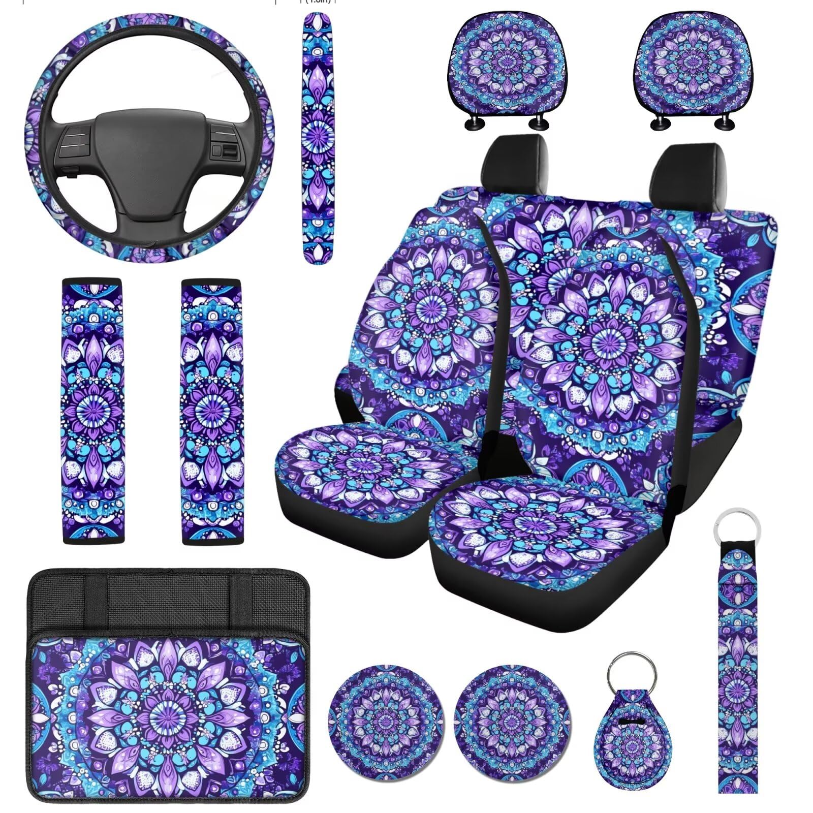DBBXHZJY 14 Pcs Purple Mandala Car Seat Covers with Steering Wheel Cover,Seat Belt Covers Cup Holder with Keychain,Novelty Purple Floral Automotive