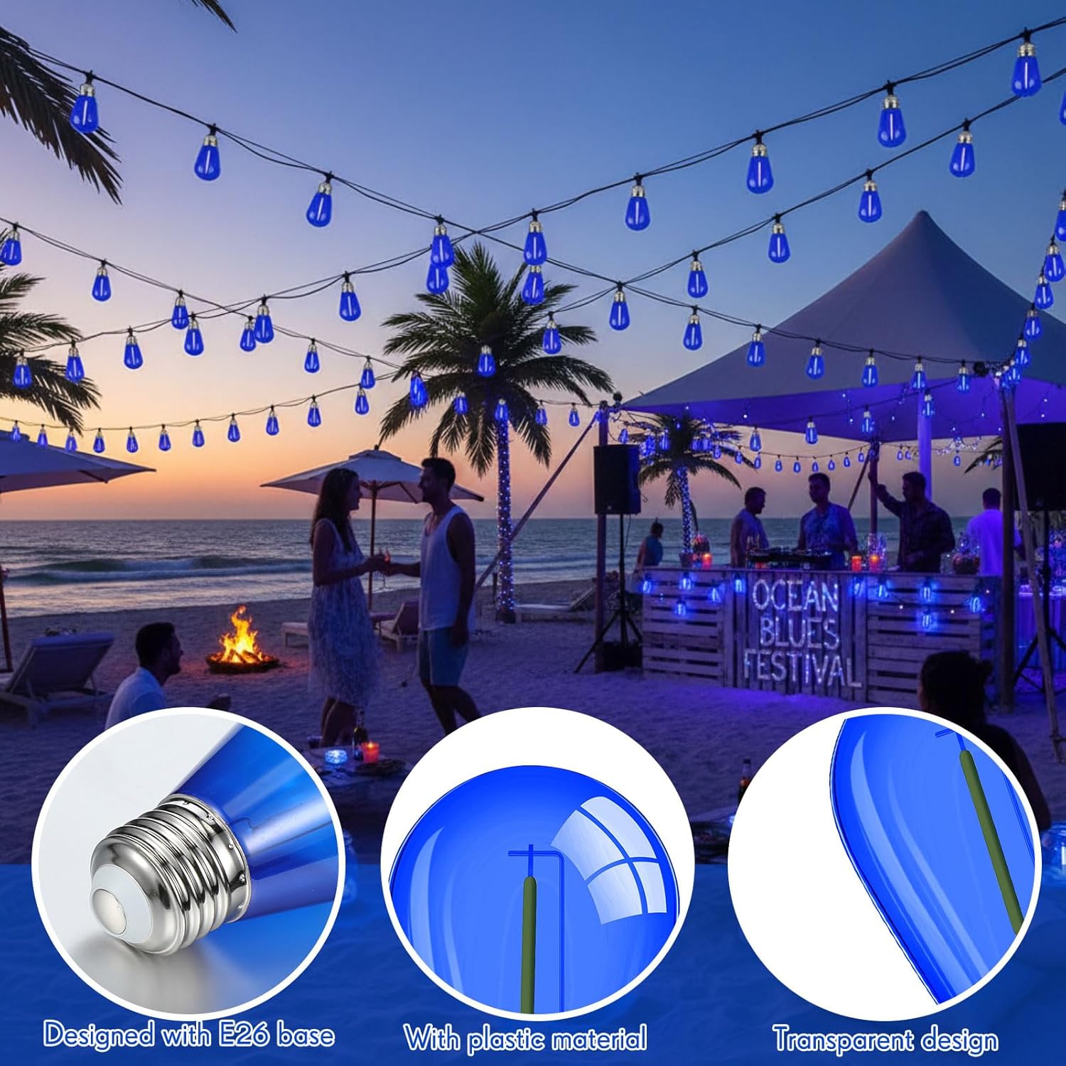 Mudder 60 Pack Shatterproof S14 LED Replacement Bulbs for Outdoor String Lights, 1w Replacement LED Light Bulbs Waterproof for Patio Garden, 2200k E26 110v Regular Base(Blue,60 Pack)