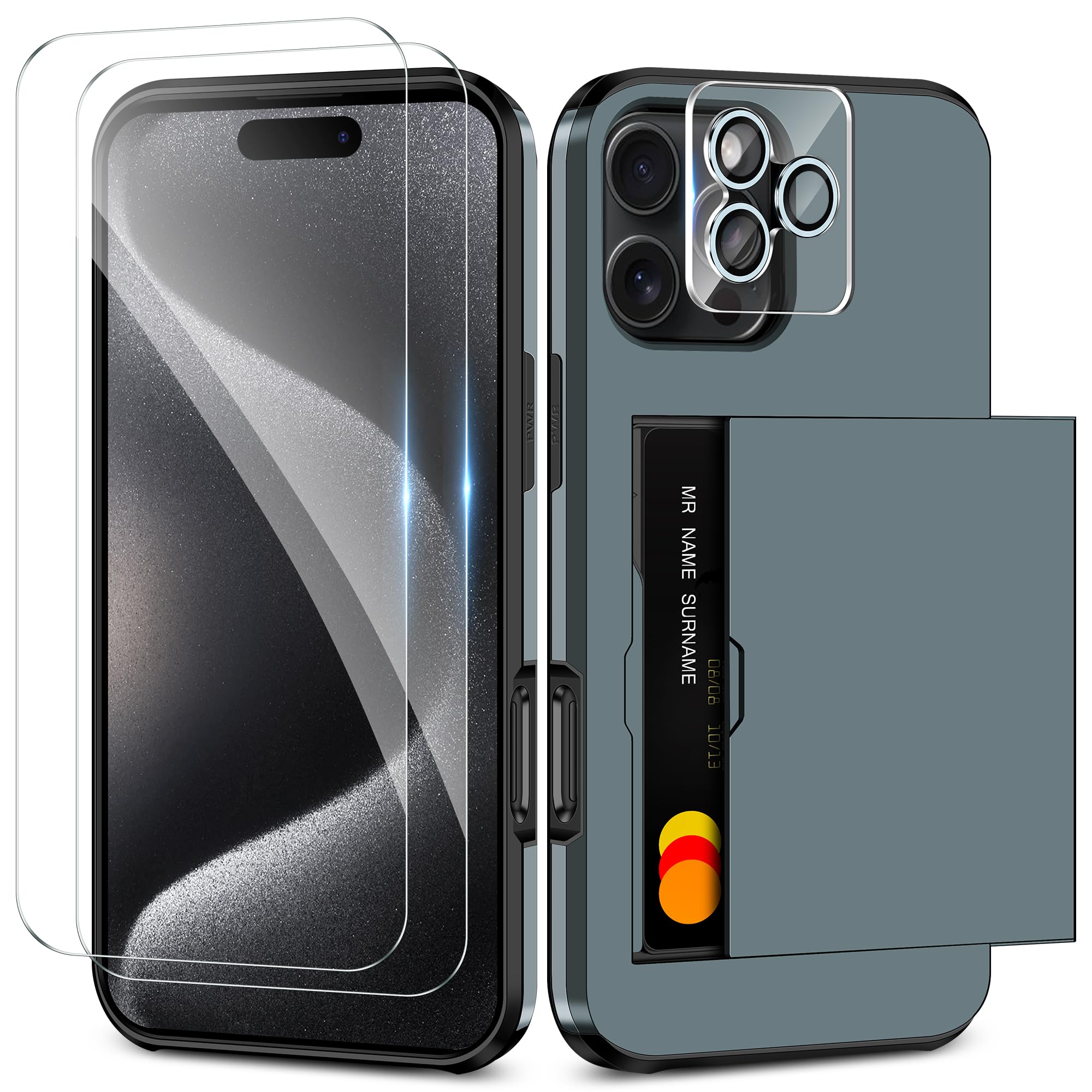 Coolden for iPhone 16 Pro Case with Card Holder & 2 Screen Protector + 1 Camera Lens Protector Full Body Heavy Duty Protective Case Shockproof Wallet Case Cover for iPhone 16 Pro Phone Case-Navy