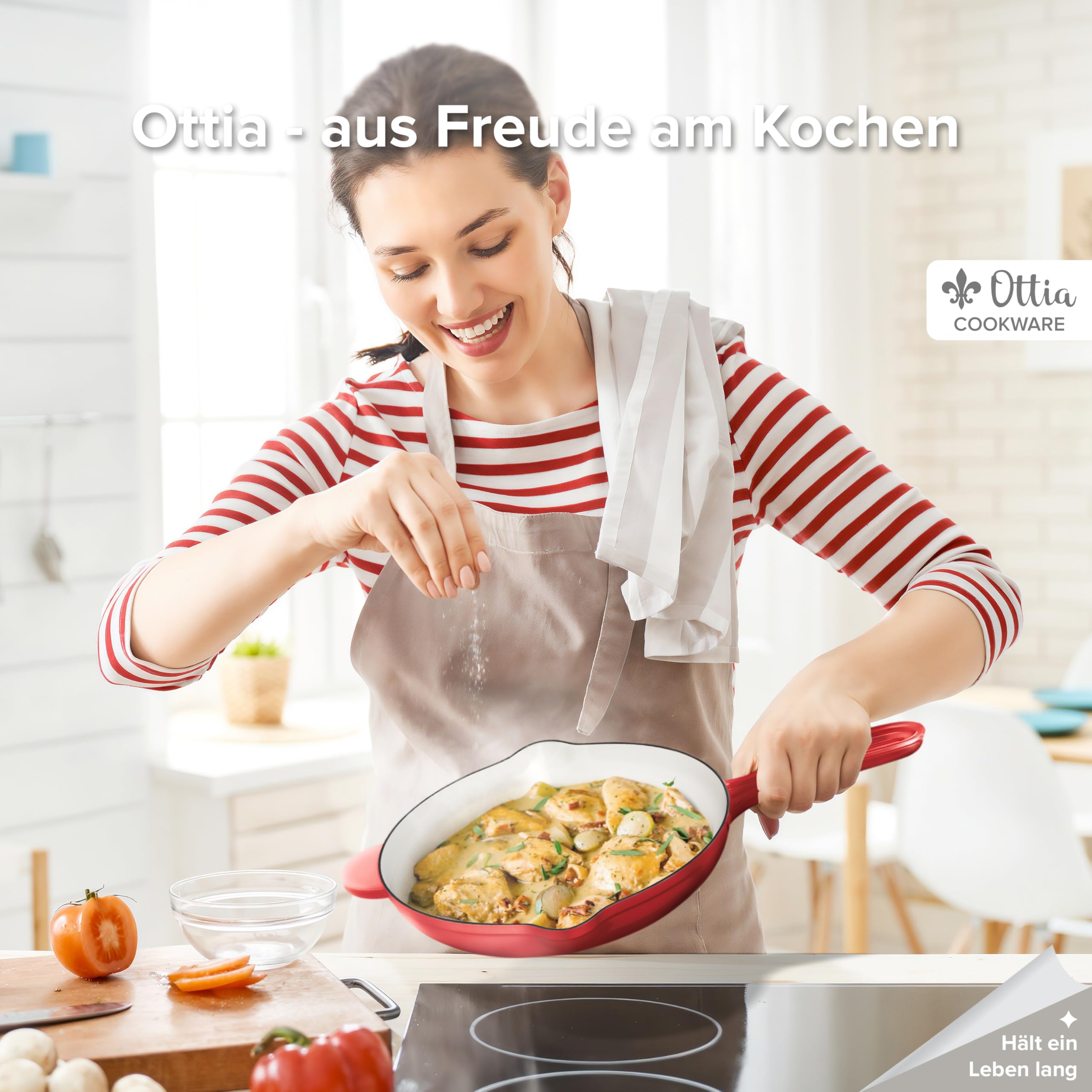 Cocotte En Fonte émaillée OTTIA 26 Cm - 3 Couches D'émail - Compatible Tous Feux Et Four (270°C) - Avec Accessoires (panier, Livre De Recettes...)