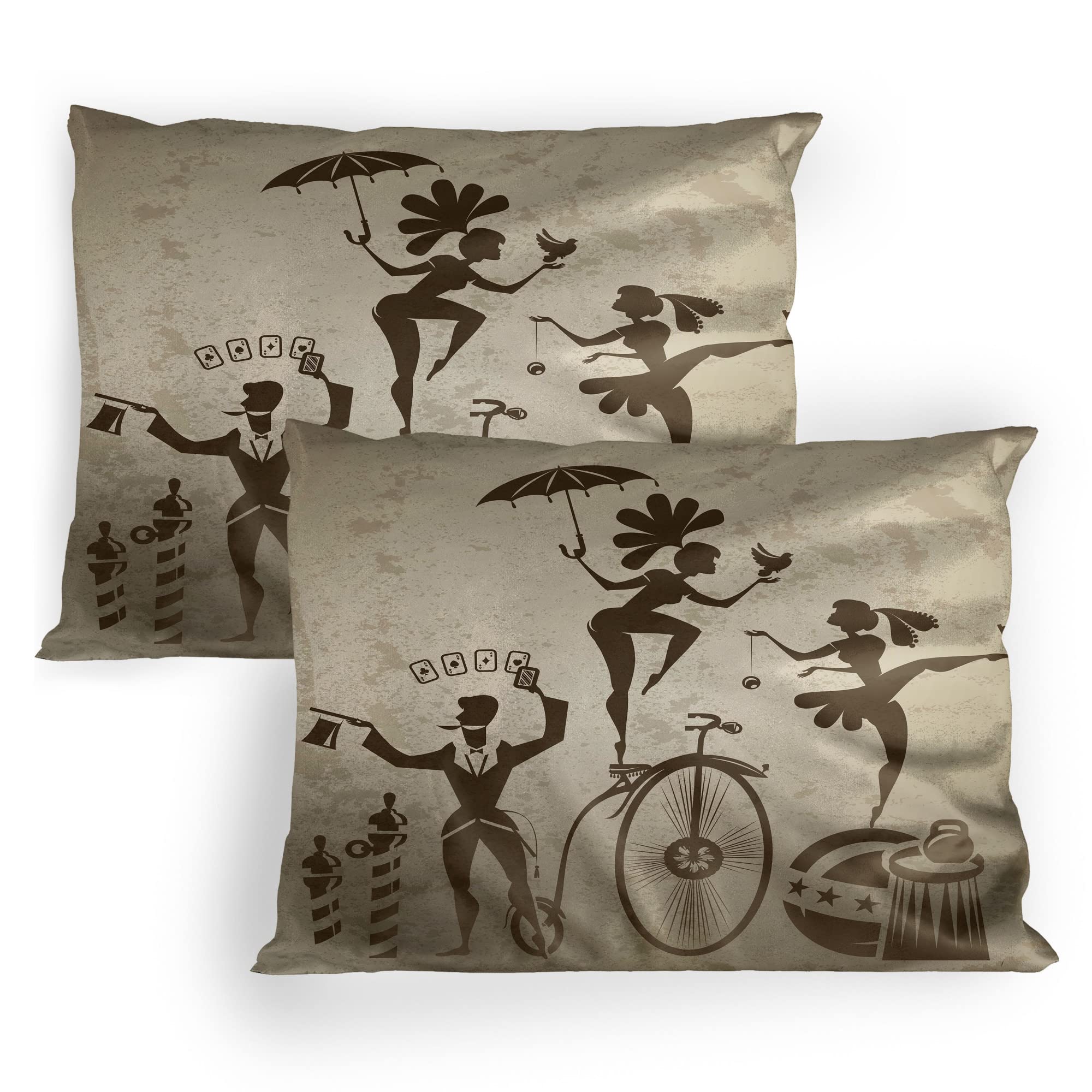 Ambesonne Circus Pillow Sham Set of 2, Silhouette Circus Performers as Magician Doing Card Trick and Girl on Unicycle, Quality Microfiber Bedding Item for All Seasons, 30