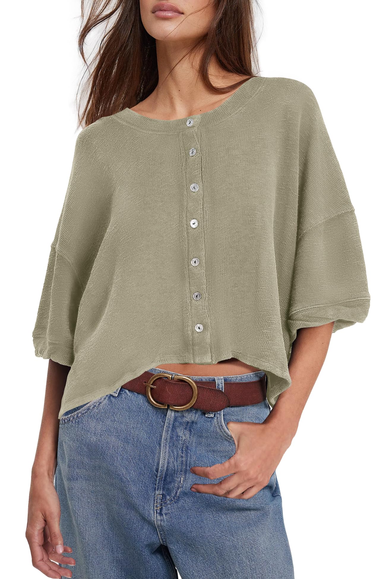 Yanekop Womens Button Up Cardigan Short Sleeve Cropped Cardigan Lightweight Sweater Jacket Oversized Button Down Shirts