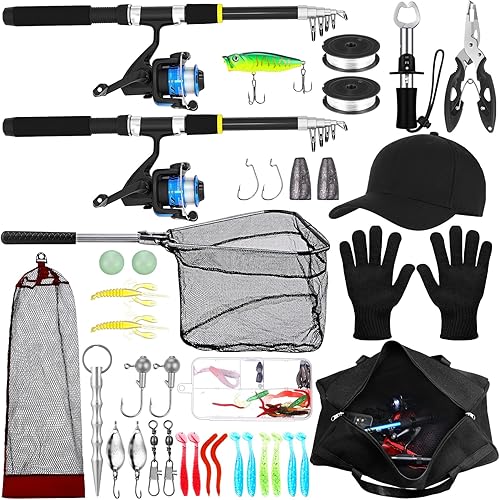 Telescopic Fishing Rod and Reel Combo 2 Pcs Collapsible Fishing Pole Kit with Plier Lip Gripper Lures Carrier Bag Pre-Loaded Spinning Reel for