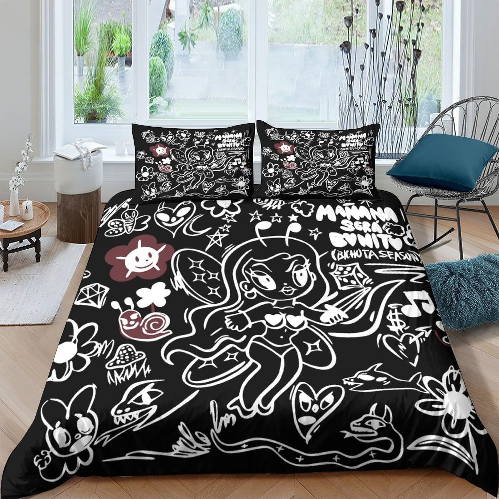 GPLZQXKJNH 3D Printed Graffiti Floral Duvet Cover Set Microfiber Black White Cartoon Bedding with 2 Pillowcases for Bedroom Apartment Single（135x200cm）