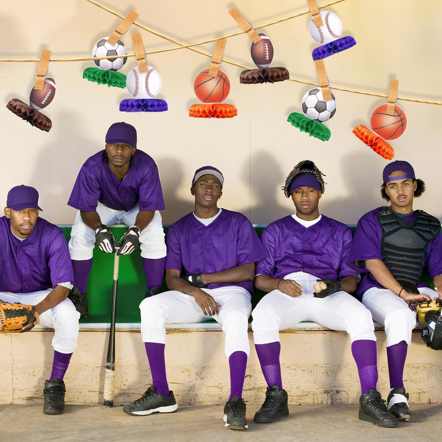 12pcs Sports Honeycomb Centerpieces, Soccer Basketball Baseball Football Centerpieces Mixd Table Decorations for Boys Game Day Themed Birthday Parties Sports Events Gameday Party Decor Celebration