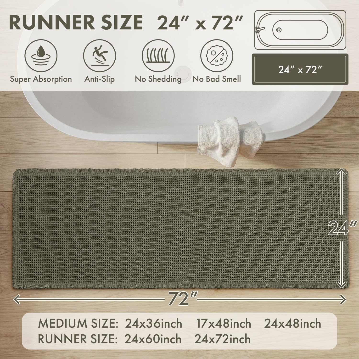 miulee waffle bathroom runner rugs, super absorbent non slip bath rug, upgraded soft quick dry washable boho long bath mat with tassels for hallway laundry room bedroom, 2'x6' (24"x72"), green