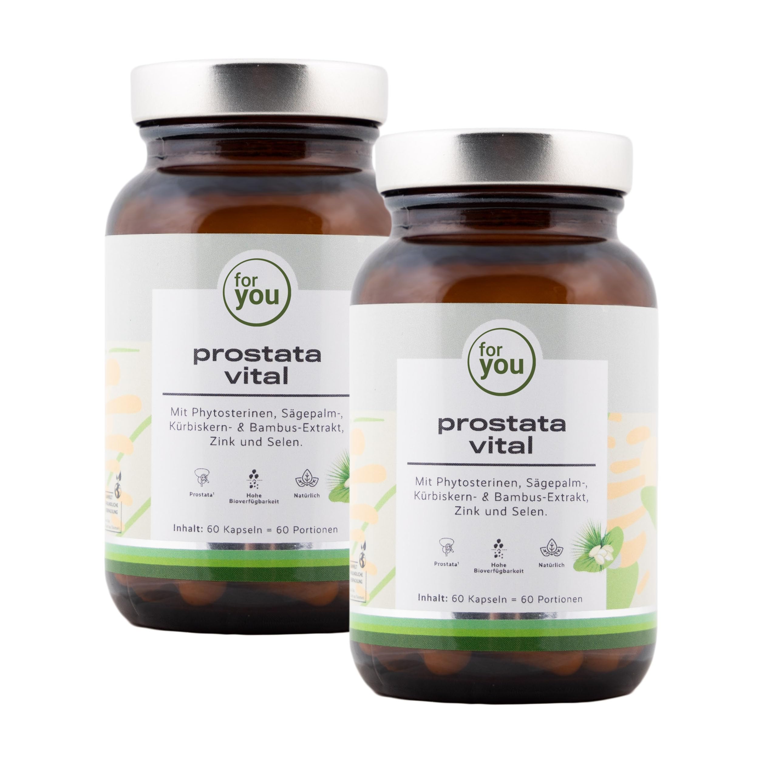 for you prostata vital 2x 60Kapseln- mit Phytosterinen, Sägepalm-, Kürbiskern- & Bambus-Extrakt, Zink, Selen - Vitalstoff-Komplex für die Unterstützung der normalen Funktion der männlichen Harnorgane