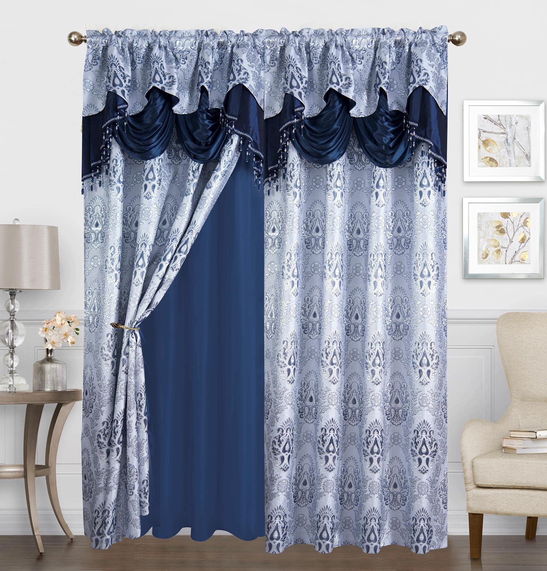 Sapphire HomeTraditional Jacquard Curtain Drape Set - Attached Valance, Sheer Backing, 2 Tassels and 2 Panels - Damask Medallion Floral Drape - Living/Dining Rooms (Navy Blue, 84")