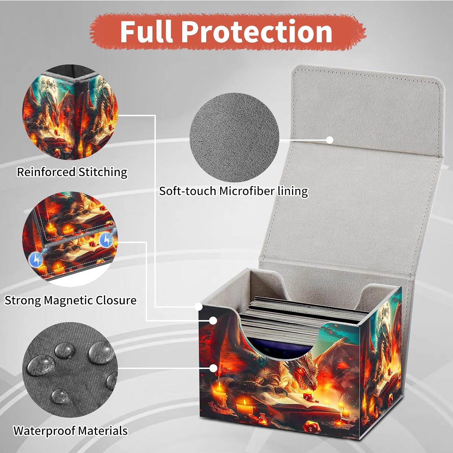 FUYOCWE Card Deck Box,MTG Commander Deck Box 100+ Double Sleeved Cards Storage,Magnetic Snap Leather Trading Card Case Oragnizer for TCG/CCG/Magic/Sports Cards-A dragon playing with dice