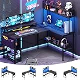 Aheaplus L Shaped Gaming Desk with Power Outlets & LED Lights, Small L- Shaped Desk Computer Corner Desk with Monitor Stand & Storage Shelf, Home Office Desk Writing Desk with Storage Bag, Grey Oak