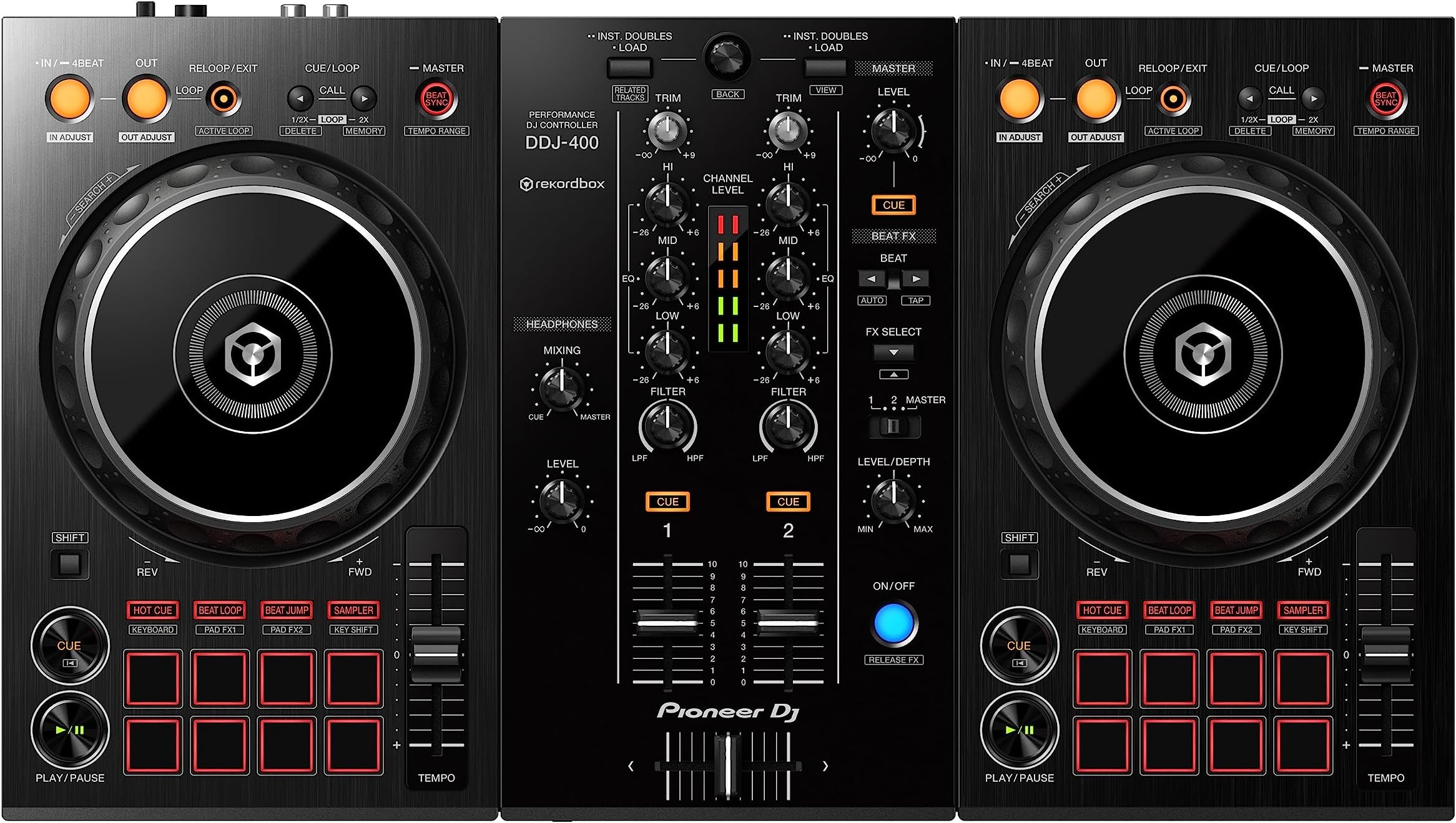 Pioneer DJ DDJ-400 - 2-deck Digital DJ Controller for rekordbox dj Software (Included), with 16 Performance Pads and 2-channel USB Interface, Black