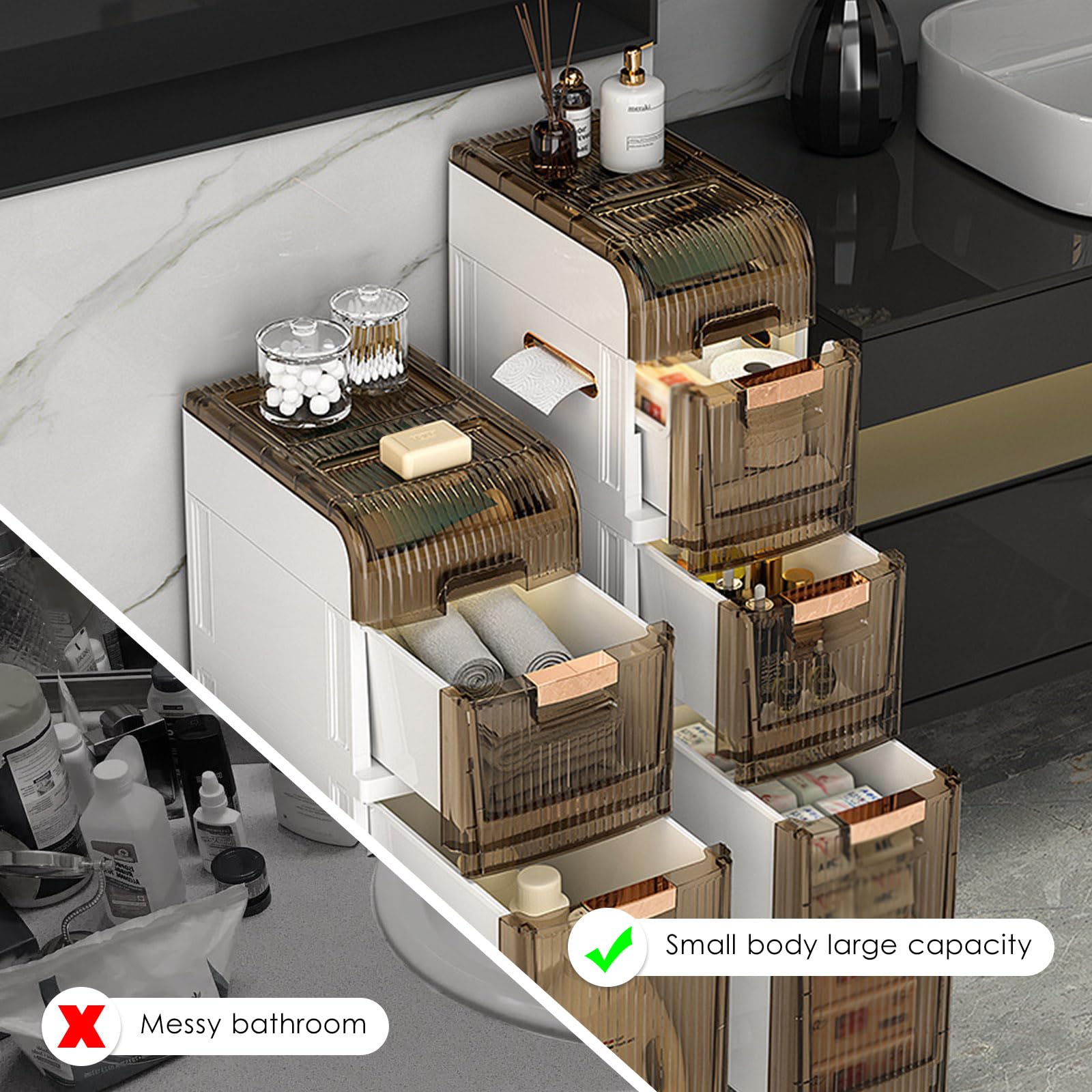 Rebonique Badezimmerschrank Schmal 50x17x58cm - Nischenregal Mit Toilettenpapier-Box Und Schublade