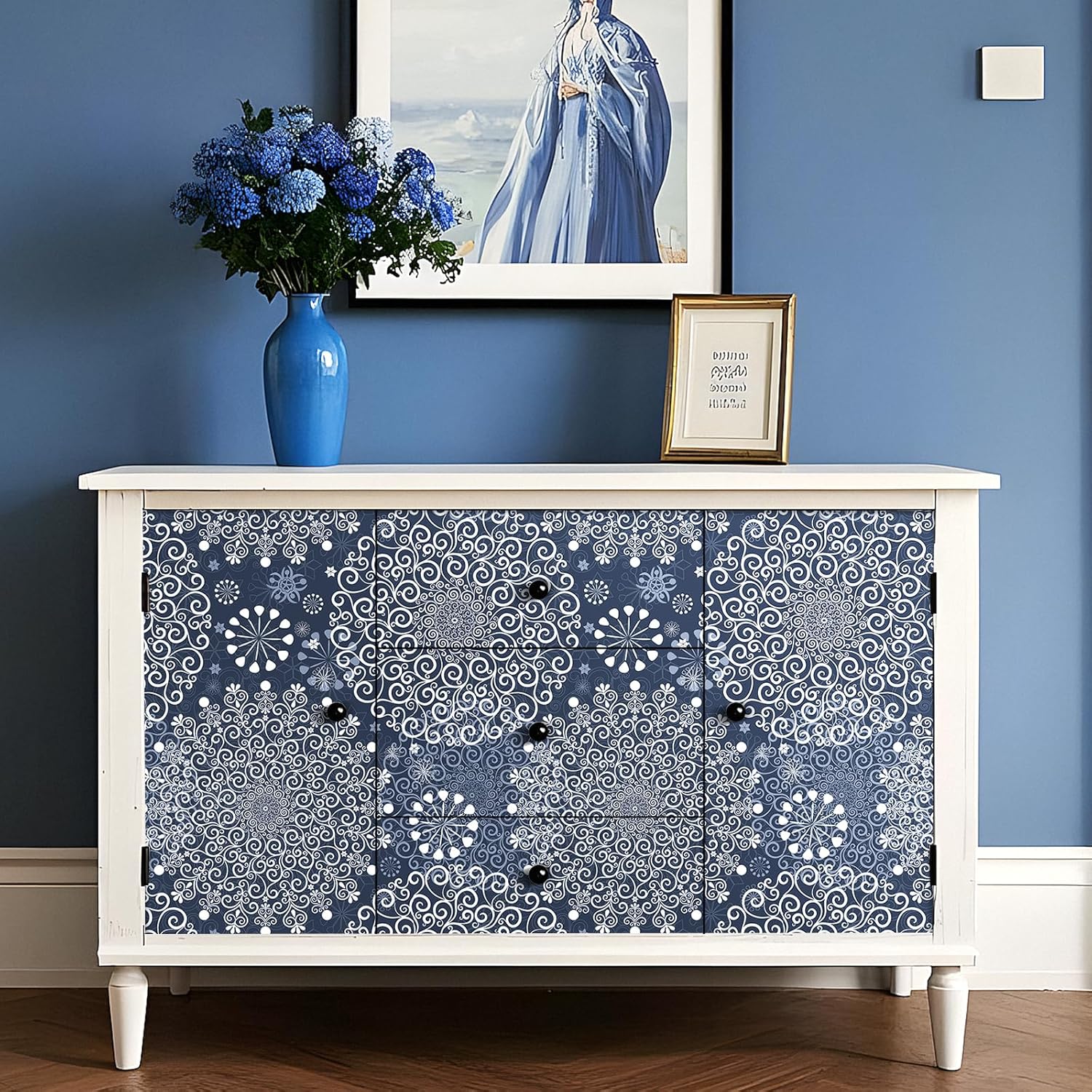 Large Snowflakes Wallpaper Blue and White Peel and Stick Wallpaper for Bedroom Bathroom Removable Boho Wall Murals Vintage Christmas Wall Decor Contact Paper for Cabinets Drawers 17.5"x80"
