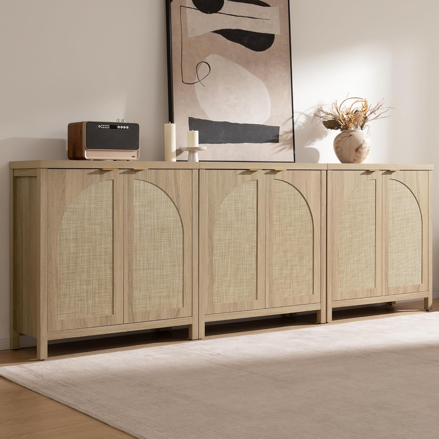 SICOTAS Rattan Sideboard Buffet Cabinet with Storage, Mid Century Modern Credenza Storage Cabinet with Arch Doors & Shelves Boho Coffee Bar Media Console Cabinets for Kitchen, Living Room, Entryway