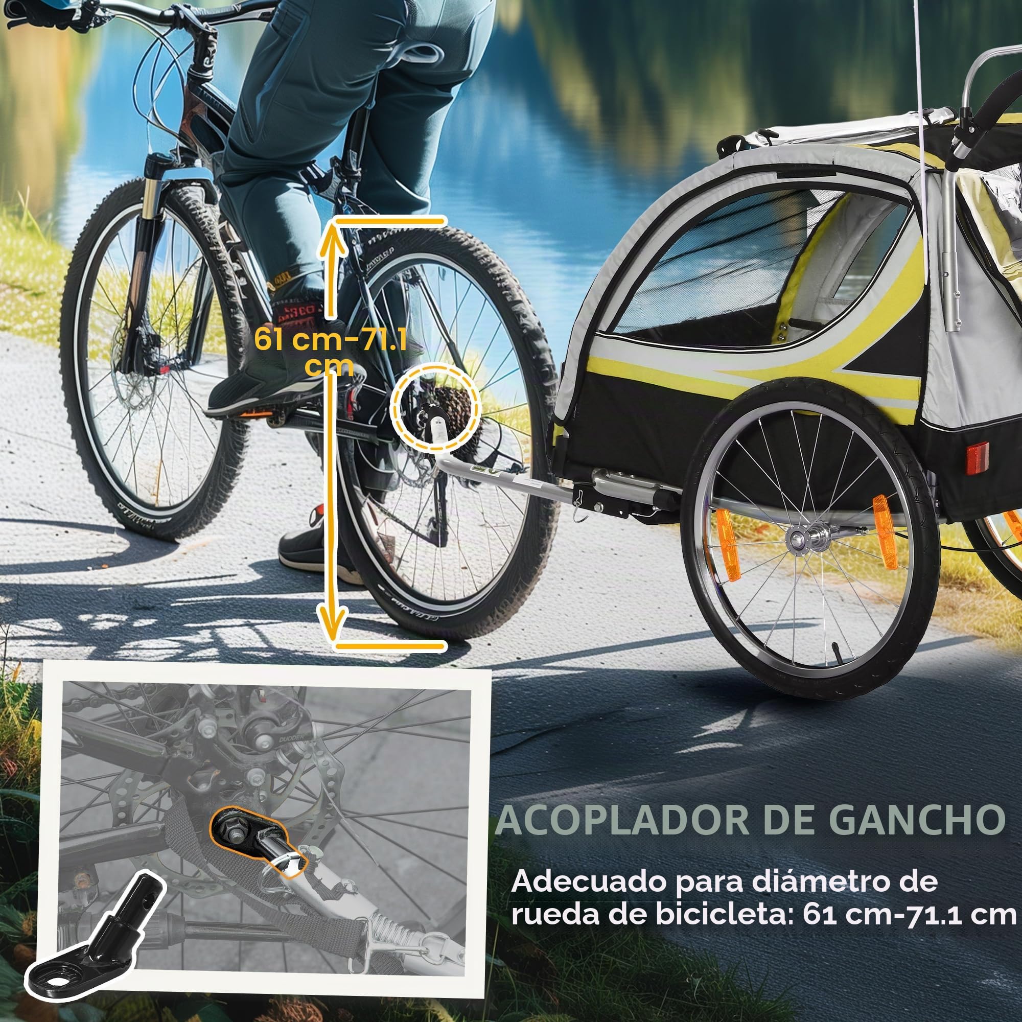 HOMCOM Remolque infantil plegable 2 en 1 para bicicleta con rueda delantera desmontable, frenos traseros, remolque para 2 niños a partir de 18 meses, soporta hasta 26,4 kg, color amarillo