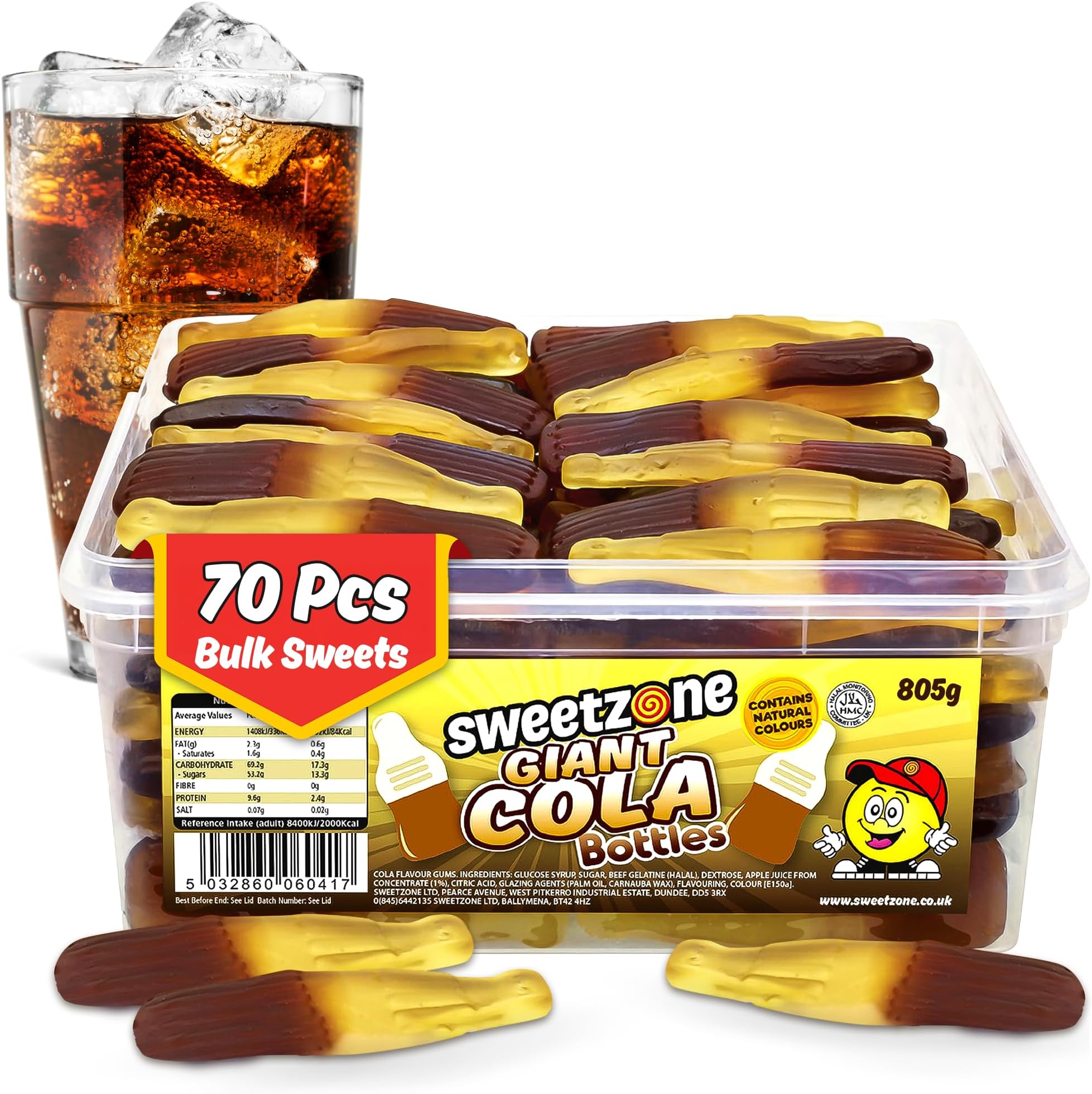 Giant Cola Bottles, Halal Gummy Tub, 805g 70 pcs, Bulk Retro Candy, Jelly Cola Bottle Sweets, Tubs of Fun Old Fashioned Sweets, Wine Gums and Fizzy Sweet Tub, Perfect for Any Occasion