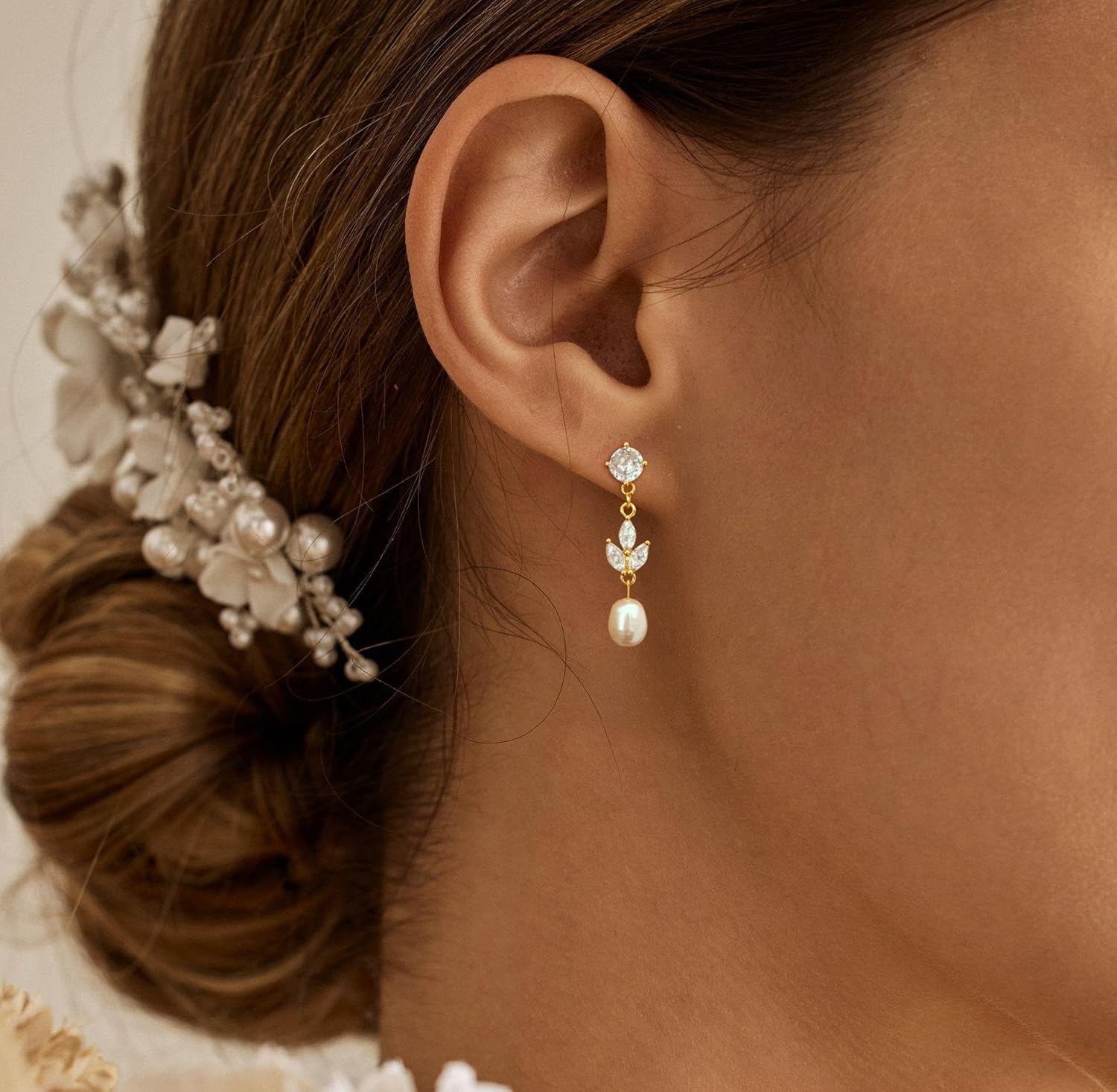 Pearl Earrings for Women Trendy, 14k Gold Plated Freshwater CZ Leaf Pearl Dangle Drop Gold Earrings Lightweight Hypoallergenic Stud Earring Bridesmaid Wedding Gold Jewelry for Women Gifts - Image 5