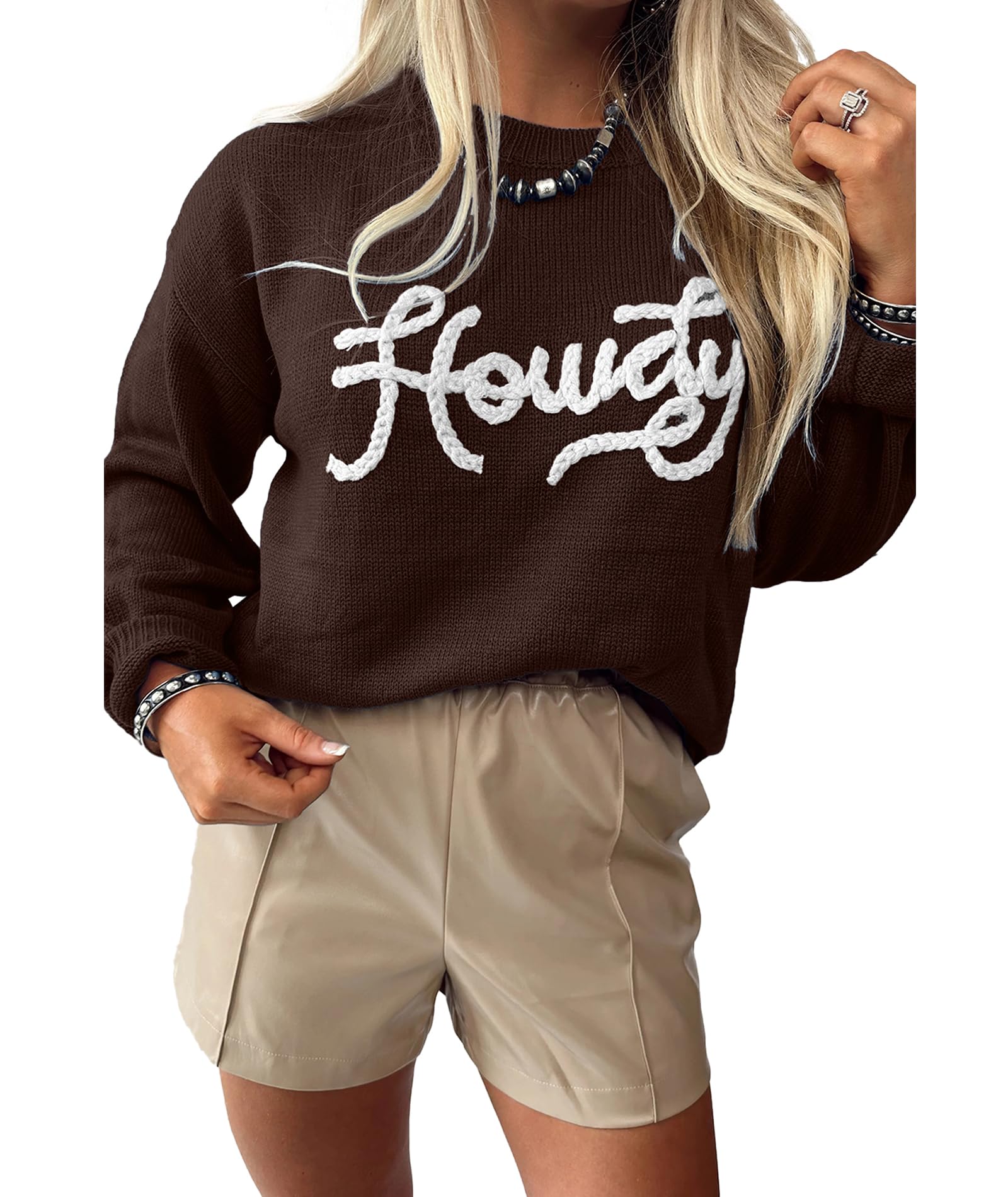 Urchics Womens Casual Pullover Sweater Bows Print Embroidered Graphic Western Sweater