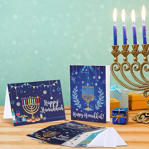 Miniatura 6 de Outus Tarjetas de felicitación de Hanukkah, 12 tarjetas de felicitación de Janucá con sobres, decoraciones de fiesta de Hanukkah con diseños