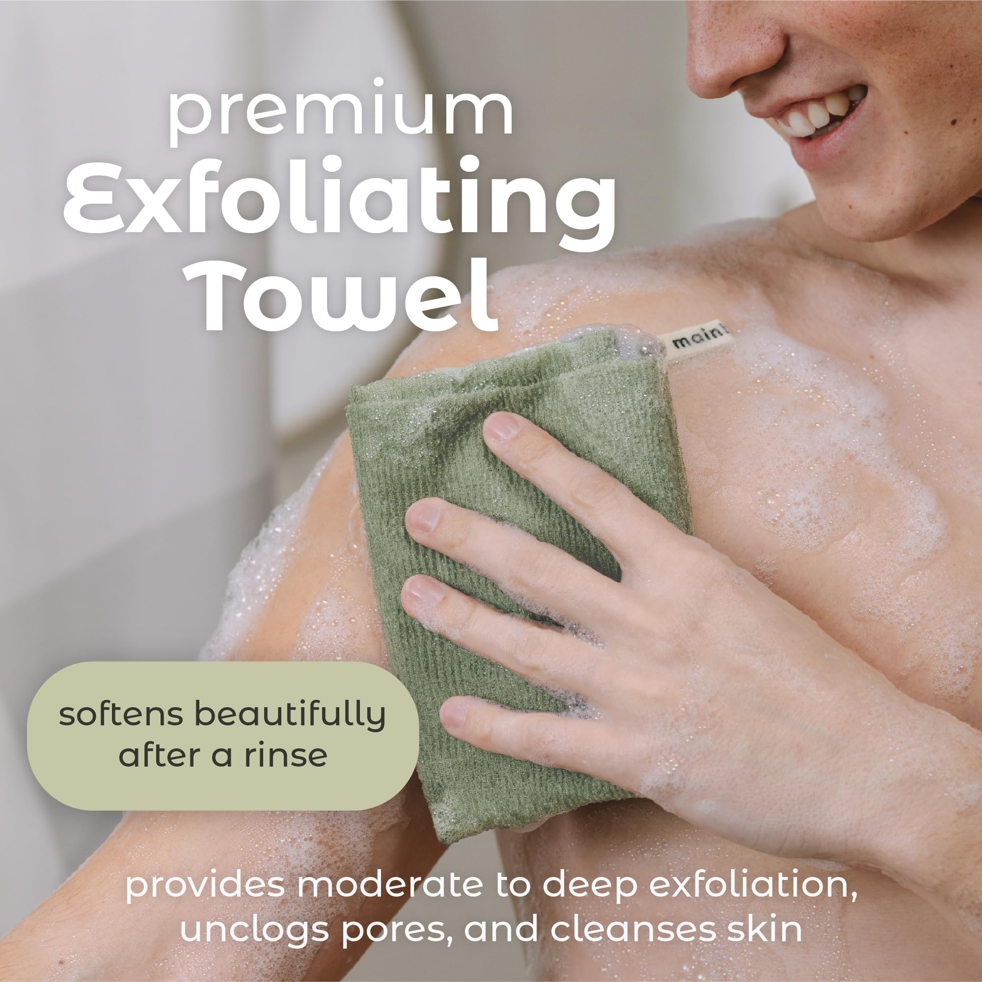 MainBasics Toalla de ducha exfoliante – Toalla de baño y paño corporal de nailon japonés, secado rápido, duradera, exfoliación media (juego de 3, Earthy Love)