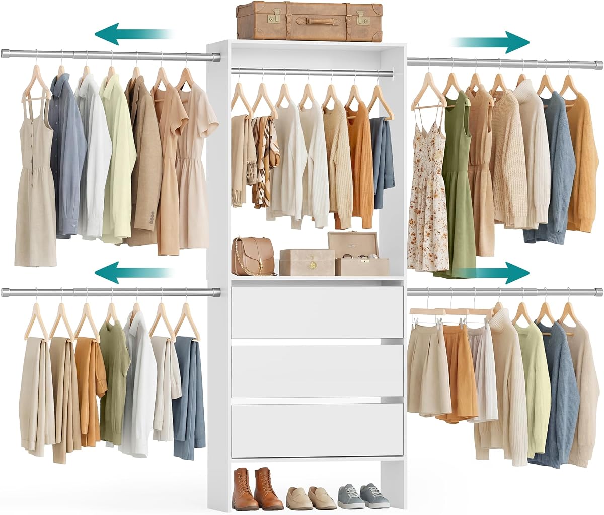 sistema de armario, sistema organizador de vestidor personalizable con varillas y cajones colgantes ajustables, blanco, se adapta a espacios de 6.5-10.2 pies URGR043WZ01S