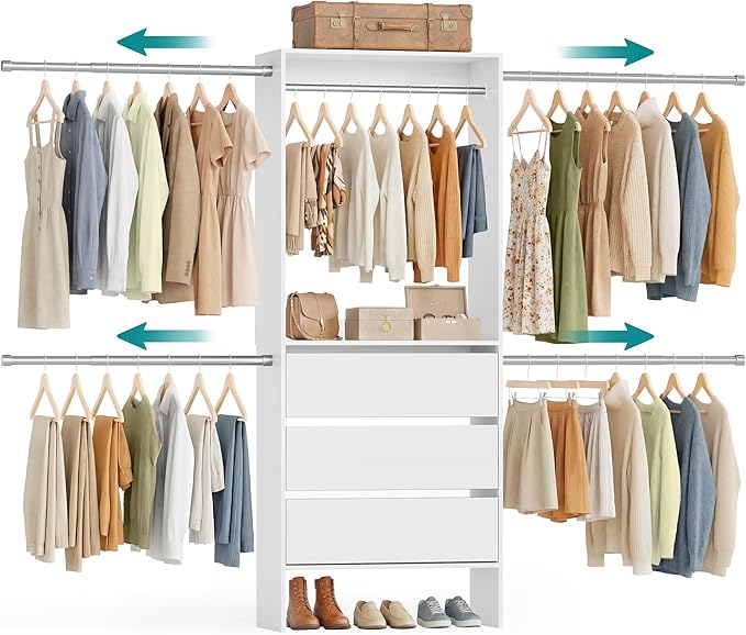SONGMICS Closet System, Customizable Walk-In Closet Organizer System with Adjustable Hanging Rods and Drawers, White, Fits Spaces 6.5-10.2 ft URGR043WZ01S