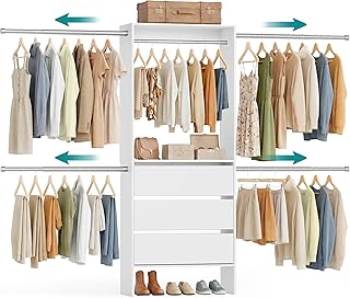 SONGMICS Closet System, Customizable Walk-In Closet Organizer System with Adjustable Hanging Rods and Drawers, White, Fits Spaces 6.5-10.2 ft URGR043WZ01S