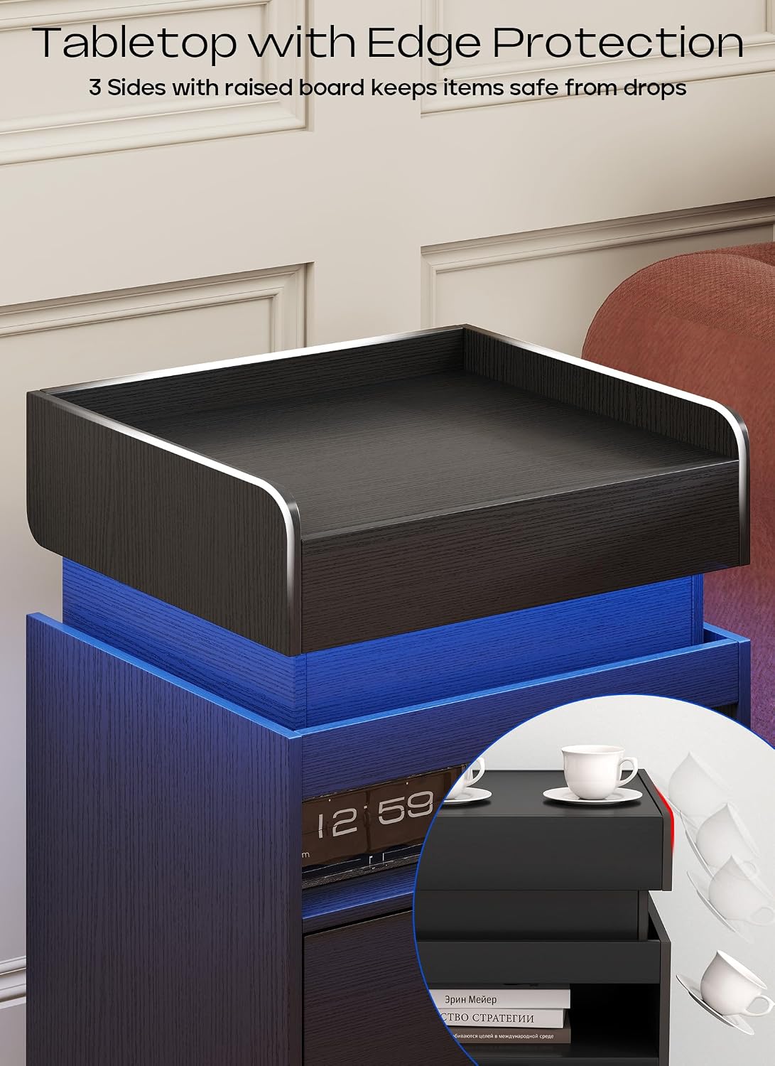 Nightstands Set of 2, LED Night Stand with Gun Drawer, Smart Nightstand withHidden Charging Station, Modern Beside Table with USB and Type-C Port for Bedroom (Black)
