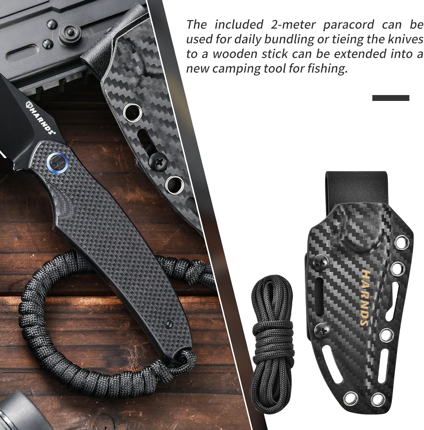 Harnds Shark Outdoor Knife Fixed Blade with Kydex Sheath D2 Steel Blade Ideal Camping Premium Survival Bushcraft (Black - Black Titanium)