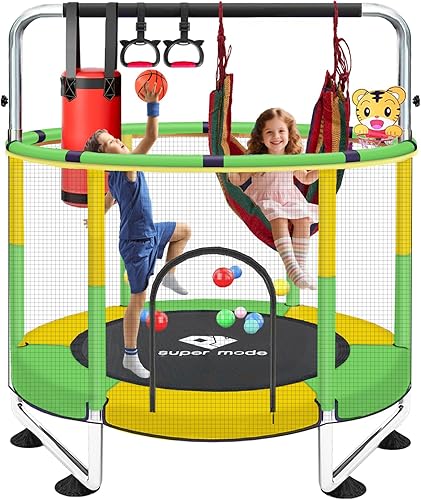 Miniatura 15 de Trampolín de 55 pulgadas para interiores y exteriores para niños con recinto, trampolín para niños pequeños con barra de gimnasia ajustable y Azul
