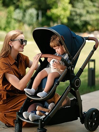 Miniatura 7 de Mompush cochecito estándar de tamaño completo, plegable en un solo paso, asiento con orientación delantera o trasera para niños, cesta de fácil