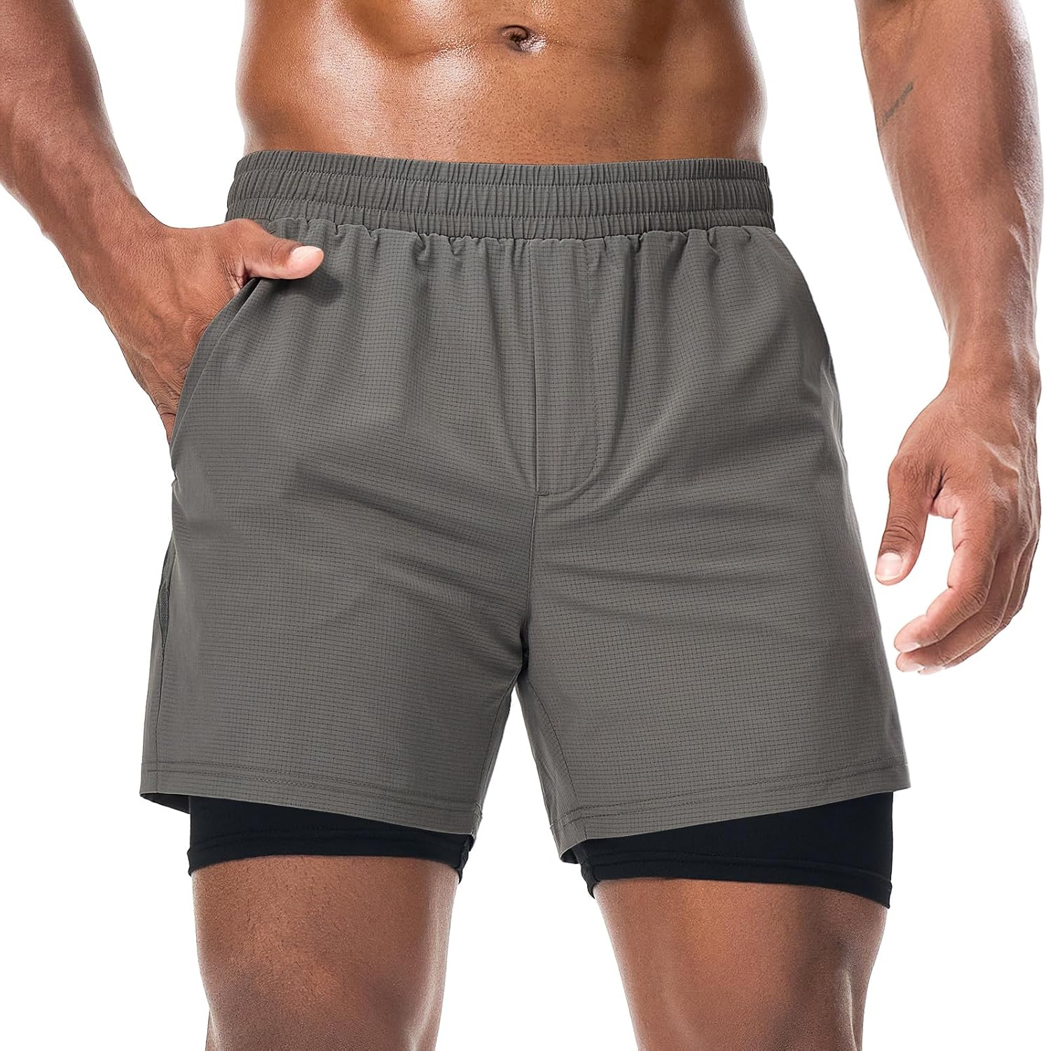 Surneow Men's Running Shorts Lightweight Athletic Shorts Quick Dry Gym Workout 2 in 1 Shorts for Men with Zipper Pockets Gray