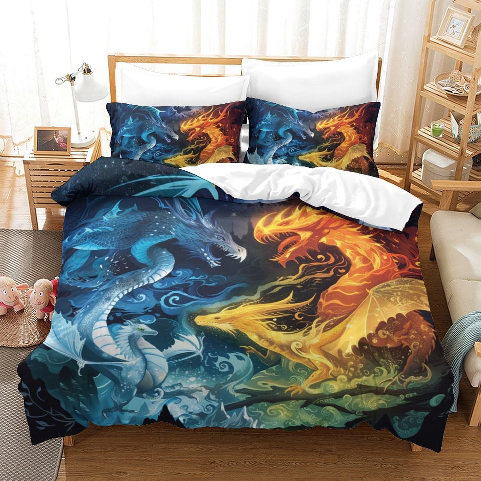 Housse de couette dragon 3D respirante et parure de lit double 200x200cm en microfibre ultra douce