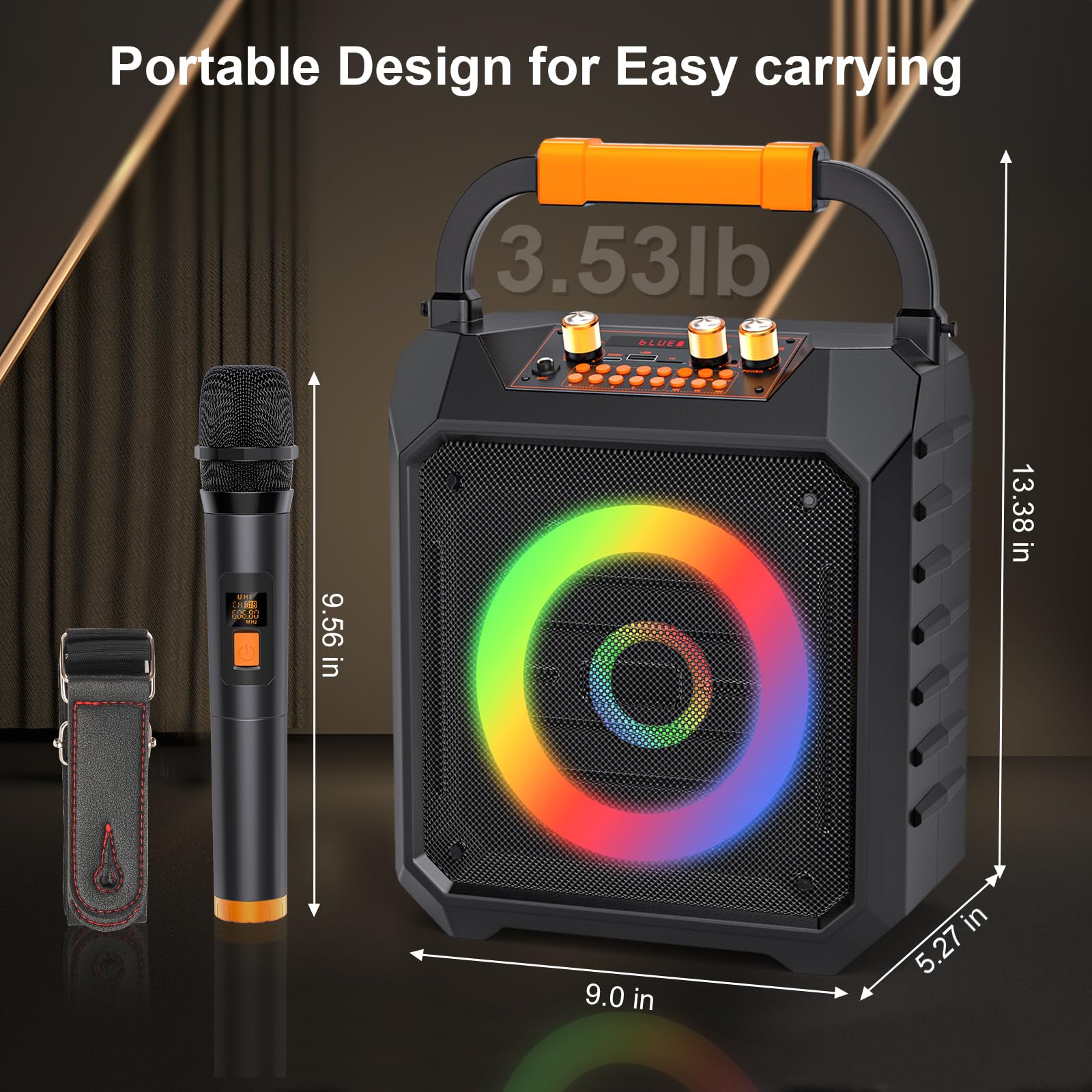 Machine de karaoké portable avec 2 microphones sans fil Bluetooth Haut-parleur de karaoké avec système de sonorisation pour adultes, fêtes, usage domestique, prend en charge BT/TF/USB/AUX/FM