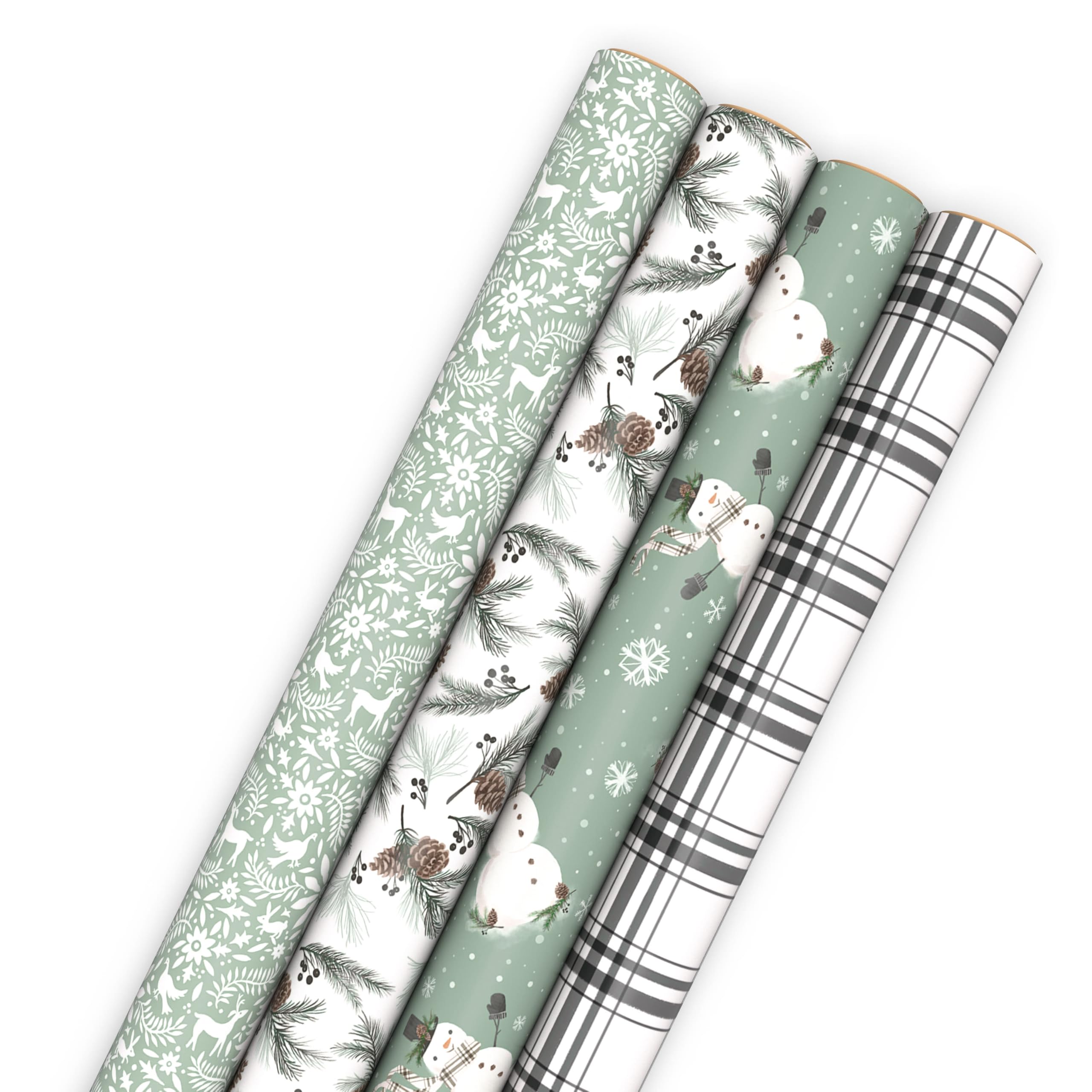 Hallmark Papel de regalo de Navidad neutro reciclable (4 rollos: 100 pies cuadrados Ttl) piñas perennes blancas y verde salvia, muñecos de nieve rústicos, cuadros, ciervos nórdicos y follaje