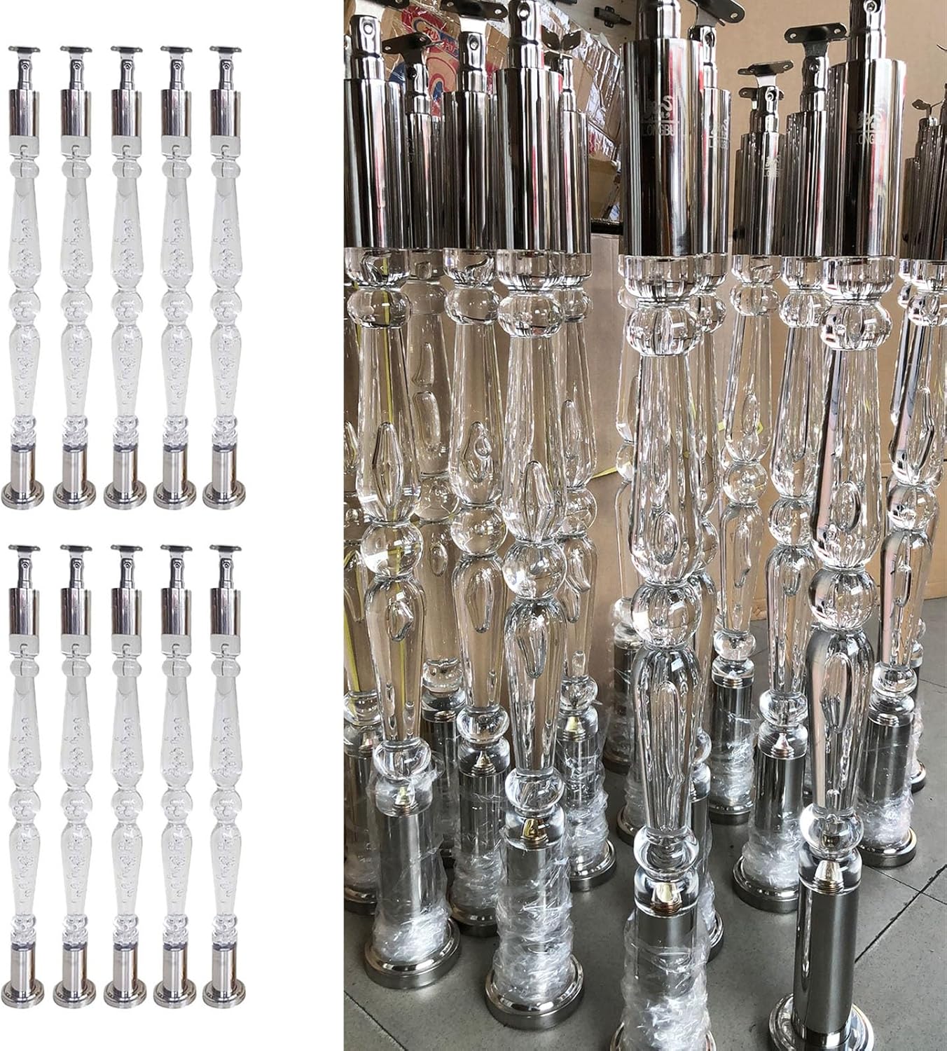 Indoor Stairs Balusters 26 32 36 42 44 Inch, Porch/Deck/Stair Spindles Acrylic & Silver Stainless Steel, Floor Balusters for Staircase Interior Exterior(10pcs,95cm(37 3/8"))