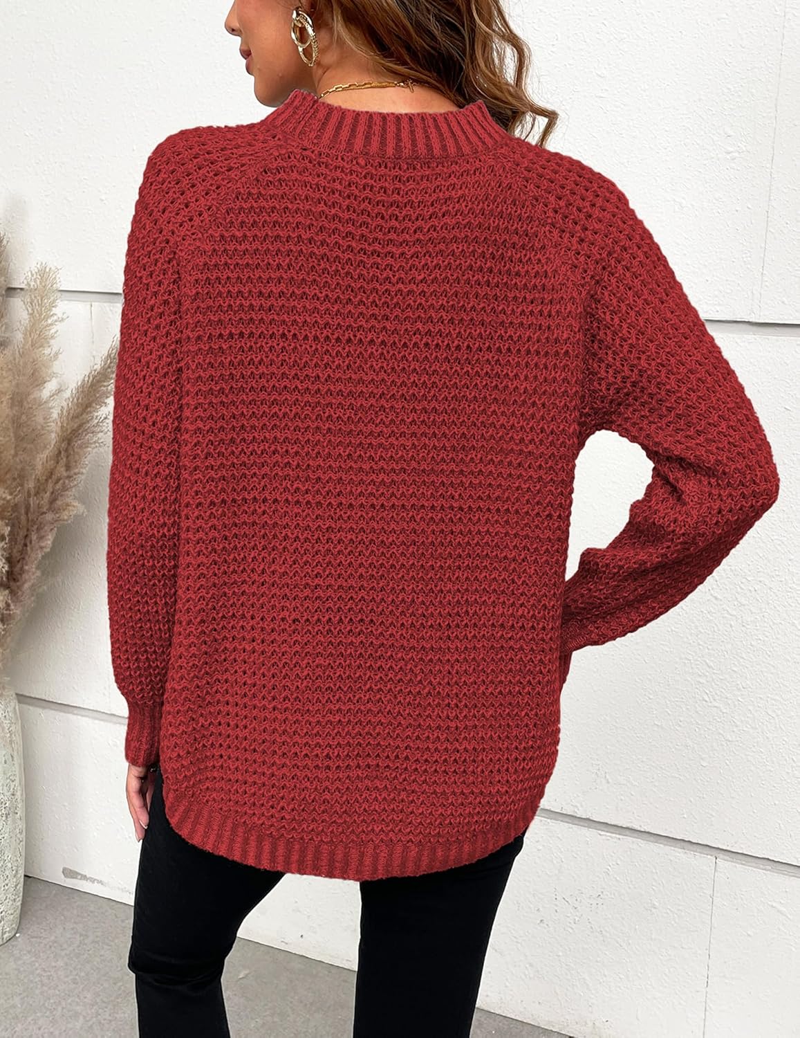 Womens Chunky Waffle Knit Sweater Fall 2025 Trendy Dressy Casual Crewneck Pullover Sweaters - Image 3